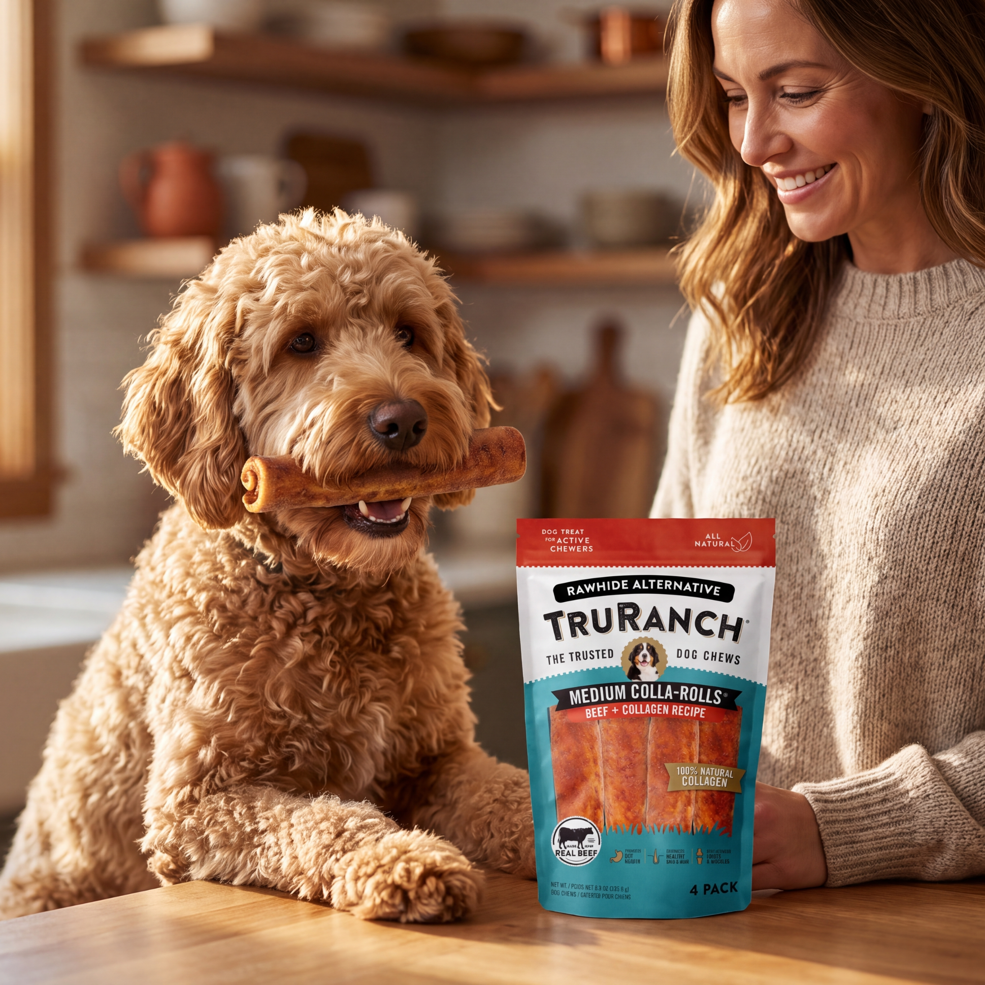 Dog enjoying a TruRanch collagen chew beside a TruRanch product bag